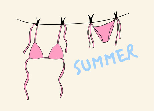 Pink bikini hanging on clothesline. Vector flat summer illustration with swimwear and hand lettering. Beach vacation clipart