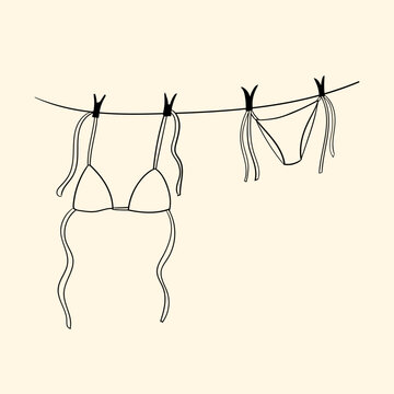 Bikini hanging on clothesline. Vector line summer illustration with woman swimwear. Beach vacation clipart