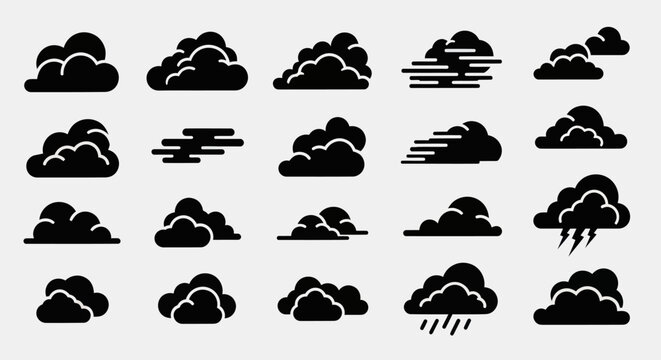 Various weather clouds are depicted in different conditions and shapes.