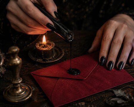 Gothic hands applying black wax seal to red envelope by flickering candlelight