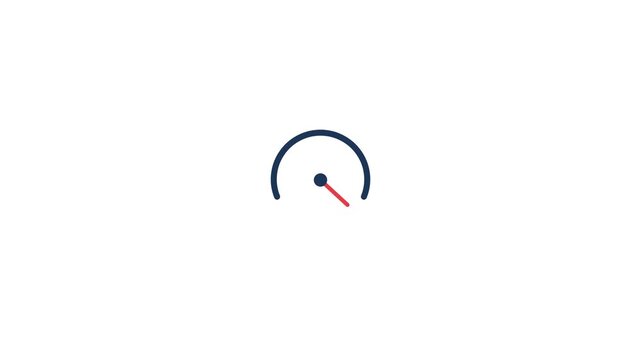 Minimalist speedometer graphic with a rotating red needle indicating speed in this clean digital motion animation video loop clip