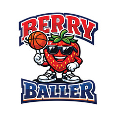 Fototapeta premium Berry Baller Cartoon Strawberry Basketball Mascot with Sunglasses Vector T-Shirt Design