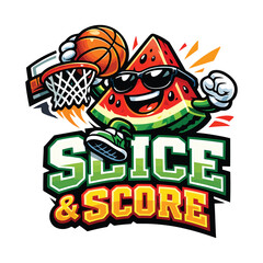 Cartoon Watermelon Basketball Mascot with Sunglasses Playing Slam Dunk Vector T-Shirt Design © kaziashabul24