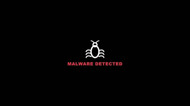 Malware detected warning text displayed with a glowing white insect icon on a dark black digital motion video clip