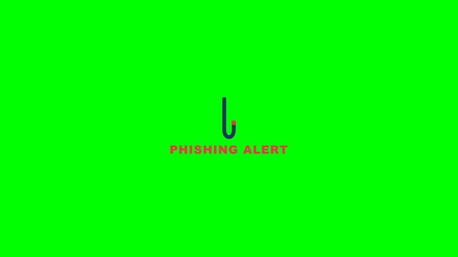 Phishing alert text with a dark hook icon displayed on a vibrant green screen motion video animation graphic clip