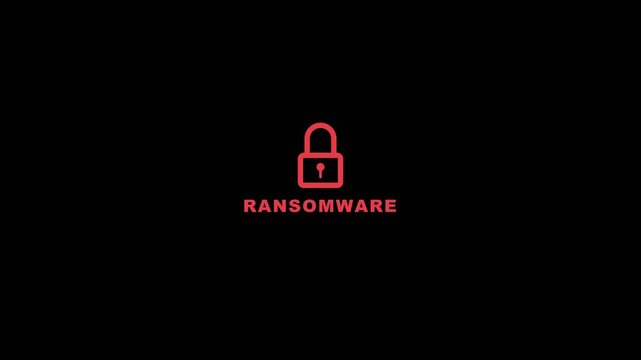 Ransomware attack warning sign featuring a glowing red digital padlock icon centered on a dark black motion video clip background.