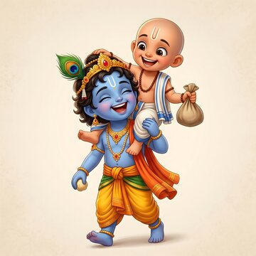 Charming cartoon illustration of young Lord Krishna carrying his friend Kuchela on his shoulders, celebrating their legendary divine friendship, joy, and innocent childhood bonds.