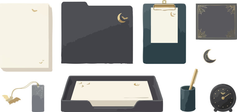 Minimalist halloween desk supplies collection with folders and paper stationery
