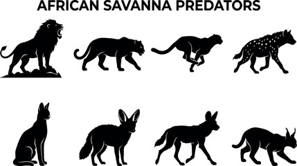 Collection of African savanna predator silhouettes featuring lion leopard cheetah hyena and wild dog vector illustrationsCollection of African savanna predator silhouettes featuring lion leopard © Abullah