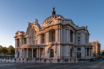 Obraz premium Palacio de Bellas Artes exterior view, Mexico City â€” neoclassical marble facade with pink granite accents at golden hour