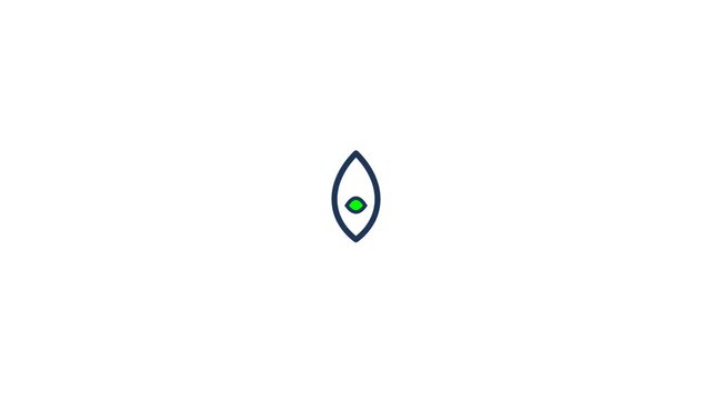 Minimalist eye icon featuring bold blue outlines and a vibrant green pupil displayed in this clean digital motion graphic video.