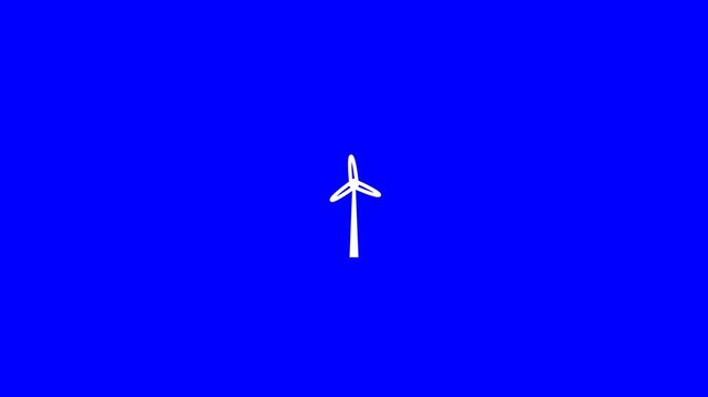 White wind turbine icon spins against a vibrant solid blue background in this minimal flat vector style motion graphic animation