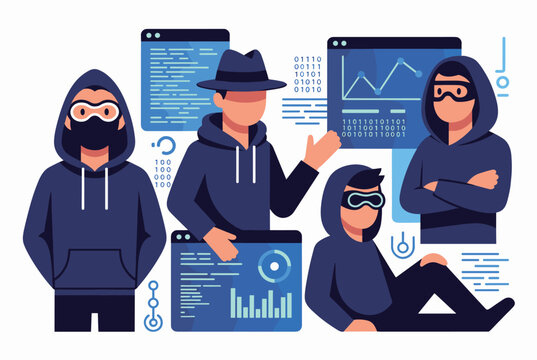 Group of hackers wearing hoodies and masks while working with digital data screens and cyber security interfaces in a flat design.