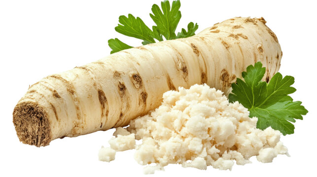 Whole fresh horseradish root with pile of grated vegetable and parsley garnish