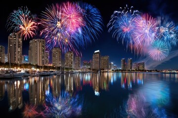 Fototapeta premium Fireworks over a cityscape at night with reflections in water