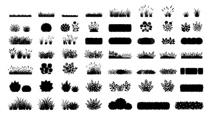 : Black Grass and Bush Silhouette Vector Set with Lawn Garden Landscape and Botanical Icons © MstRajia