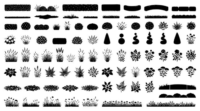 :
Monochrome Grass Lawn and Bush Vector Collection with Garden Landscape Botanical Elements