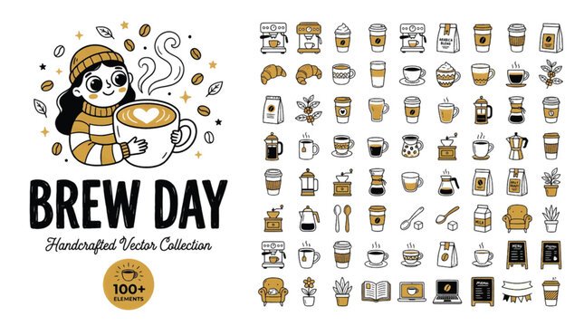 Brew Day Handdrawn Vector Icons Coffee Cup Tea Mug