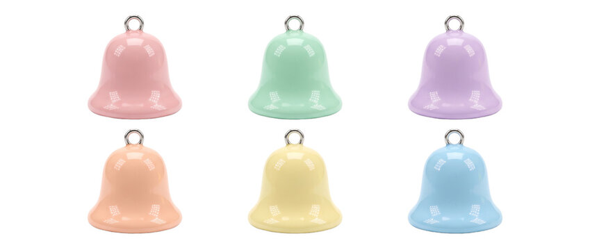 Pastel ceramic bells set isolated on white background. Six shiny colorful handbells in pink, green, purple, orange, yellow, and blue. Minimalist flat lay craft decorative ornaments for spring holiday.