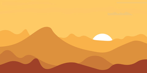 Minimalist vector desert mountains with orange-brown layered hills and a sunset. Ideal for backgrounds, travel posters, adventure themes, abstract art, and outdoor scenes. © Darus Cell