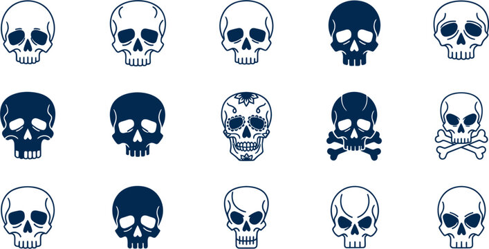 A collection of various skull illustrations in different shades of blue are arranged.