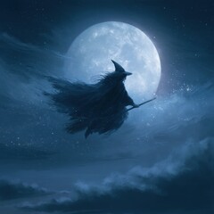 Fototapeta premium Silhouette of a witch riding a broom against a radiant full moon in a magical night scene