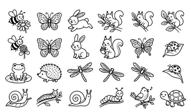 Cute Garden Animal and Insect Collection Featuring Butterflies Rabbits Snails Dragonflies and Squirrels Outline Icons