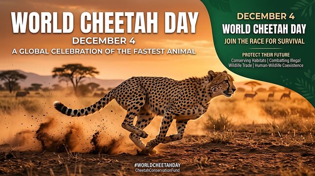 World cheetah day awareness poster with running cheetah in african savanna