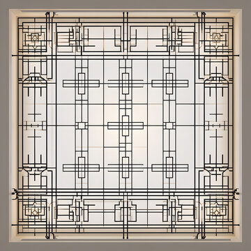 A vector illustration of a stained glass window featuring a geometric design. Set against an abstract, Art Deco-inspired background, perfect for a luxurious, modern interior. Ornamental template avail