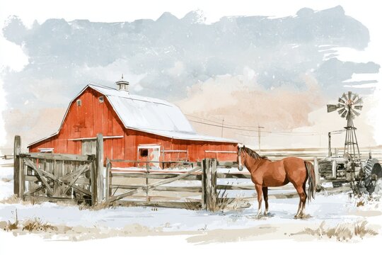 Watercolor farm scene with red barn, horse, windmill and gate for rustic wedding invitations