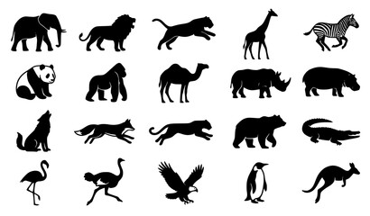 Black Wildlife Animal Silhouette Collection Featuring Elephant Lion Giraffe Bear Penguin and Crocodile Icons © Songkari