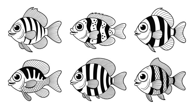 Six cartoon sharks with striped bodies and sharp teeth floating in water