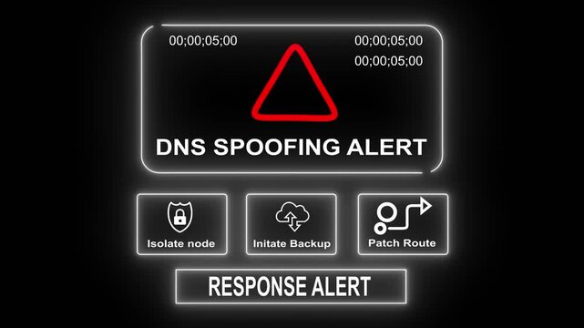 DNS SPOOFING ALERT response notification on digital interface in data center server room with isolate node initiate backup patch route options. glowing neon lights cybersecurity hacking Warning