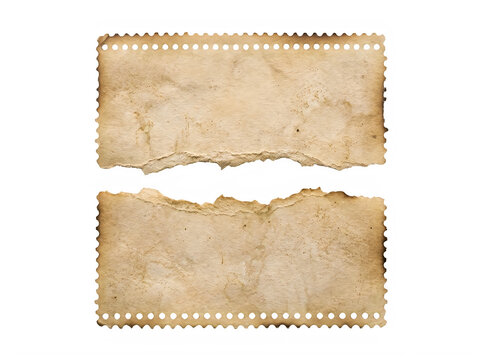 Two old torn film strip pieces with perforations on white background transparent background