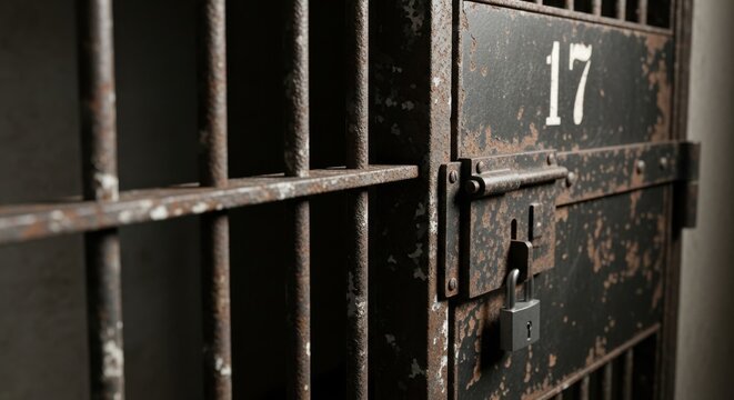 Rusty prison cell door with number 17 and padlock