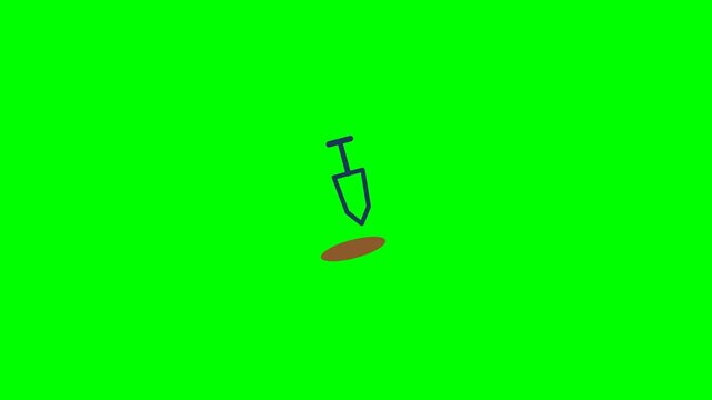 Minimalist blue garden shovel animation digging into small brown soil patch on bright green screen background for video motion projects