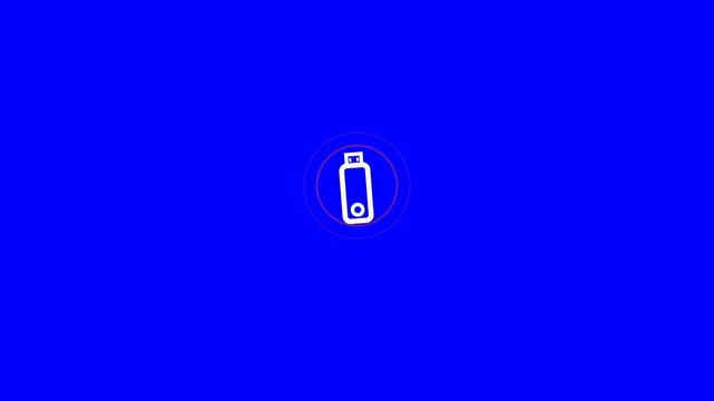 Usb flash drive icon pulses with white light on a vibrant blue background in this smooth digital motion video animation.