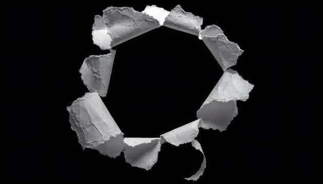Abstract torn paper circle frame. Creative design and document background. Ripped white paper forming a circular hole on a black background