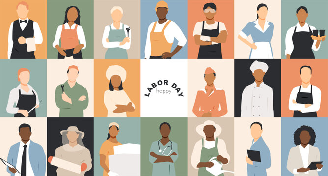 Happy Labor Day banner. People of different professions together. Modern design.