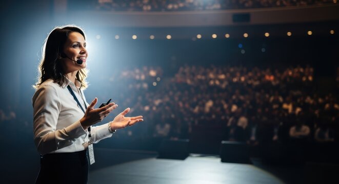 A confident female speaker presenting on stage to a large audience in a dark auditorium