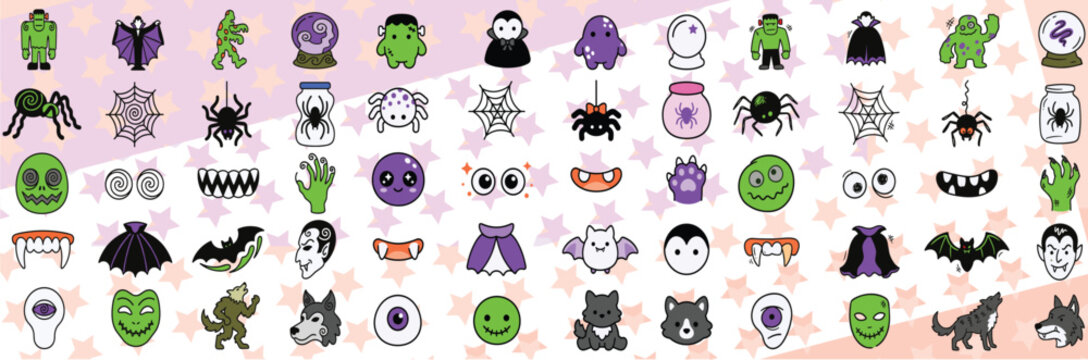 Halloween monsters and spooky icons vector set with classic creatures and cute kawaii elements
