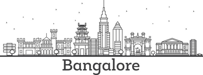 Obraz premium Black and white outline of bangalore skyline with historic landmarks and modern buildings historic buildings