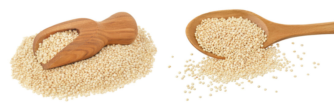 white quinoa seeds in wooden scoop and spoon isolated on white background with  full depth of field.