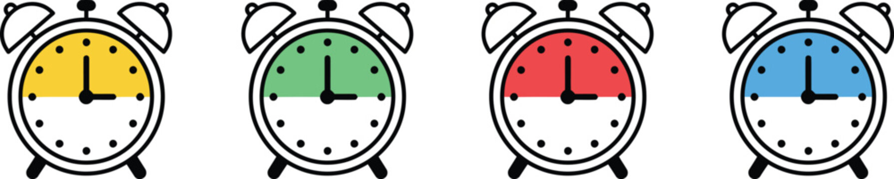 Colorful Alarm Clocks Displaying Different Times Isolated Background