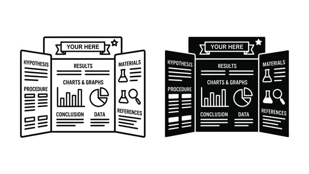 Science Fair Board Layout: A template for a science fair project display board, featuring sections for hypothesis, procedure, results, charts, graphs, conclusion, data, and references.