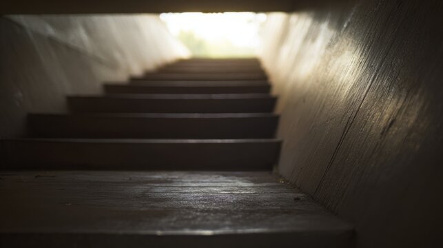 Stairs lead upwards with light shining at the top during daytime