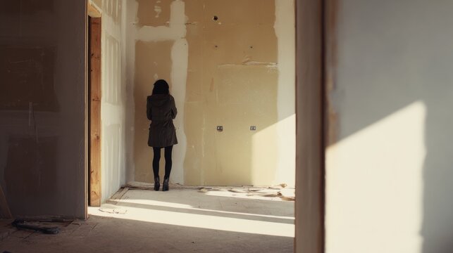 Person stands in empty room during renovation work at home in afternoon light