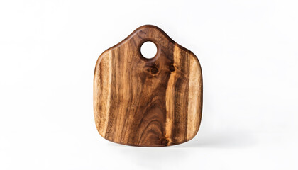 Fototapeta premium Wooden cutting board with a handle hole isolated on a white background. Culinary food preparation and kitchenware essentials. Empty rustic chopping board displaying a natural grain