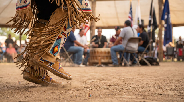 Native dance regalia moccasin fringe pow wow footstep raise dust during cultural ceremony with drum circle and community gathering under open shelter