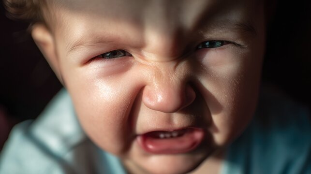 Child shows strong emotion with a frown and scrunched face as sunlight casts shadows in the room